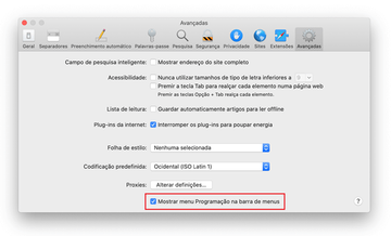 Separador Avançadas nas Preferências do Safari