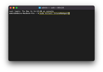 Terminal window showing the sudo killall IntuneMdmAgent command