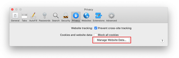 Manage Website Data option under Privacy tab Manage Website Data option under Privacy tab