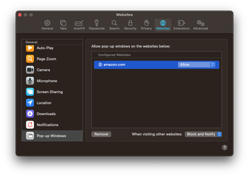 Pop-up permission settings in Safari