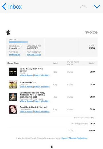 Fake Apple music subscription invoice sent over email