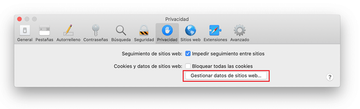 opción Gestionar datos de sitios web en la pestaña de Privacidad opción Gestionar datos de sitios web en la pestaña de Privacidad