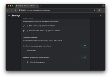Site added as exception so it can show pop-ups in Chrome