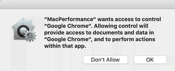 “MacPerformance wants access …” popup requesting control over Chrome on Mac