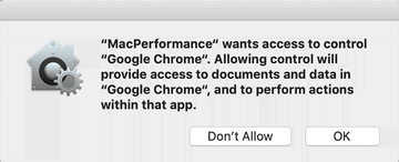 “MacPerformance wants access …” popup requesting control over Chrome on Mac