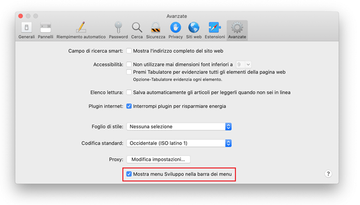 Avanzate tab under Safari Preferenze