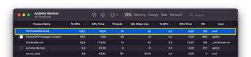 Activity Monitor CPU tab with PerfPowerServices highlighted