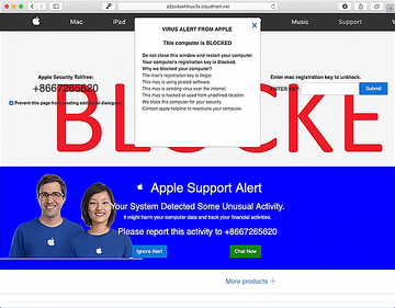 Pornographic Virus Alert from Apple popup on a fake tech support site