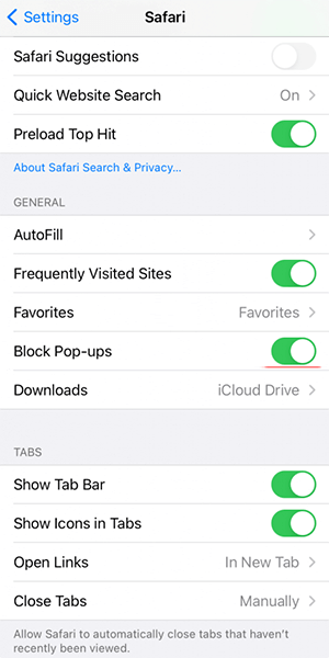 Block pop-ups in iOS Safari