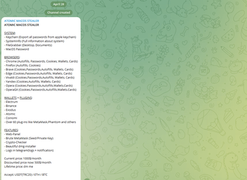 Atomic macOS Stealer (AMOS) malware ad in a Telegram channel Atomic macOS Stealer (AMOS) malware ad in a Telegram channel