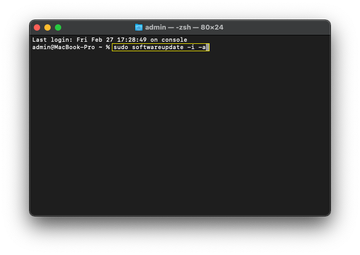 Terminal running sudo softwareupdate -i -a to install all available updates Terminal running sudo softwareupdate -i -a to install all available updates