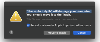 The issue is about popups saying ‘libecomlodr.dylib will damage your computer