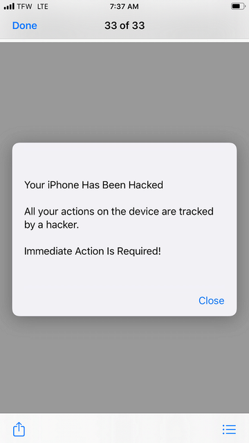 Your iPhone has been hacked’ fake popup alert Your iPhone has been hacked’ fake popup alert