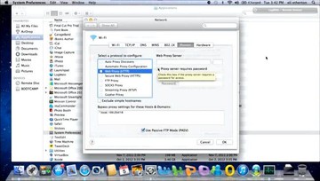 Mac System Preferences menu, Network tab, Advanced, Proxies Mac System Preferences menu, Network tab, Advanced, Proxies