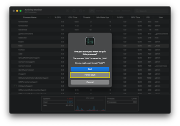Force quitting hidd process in Activity Monitor