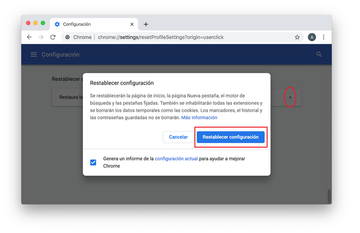 pasos para restablecer la configuración en Chrome en Mac