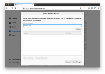 Allow popups for a specific site in Firefox