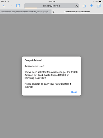 Fake ‘Congratulations you won’ popup ad on iPad