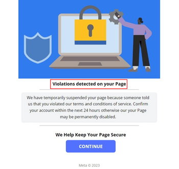 “Violations detected on your Page” landing page