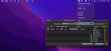 Macs Fan Control app and menu bar option to quit it