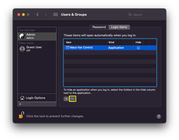 Users and Groups settings showing login items on Mac