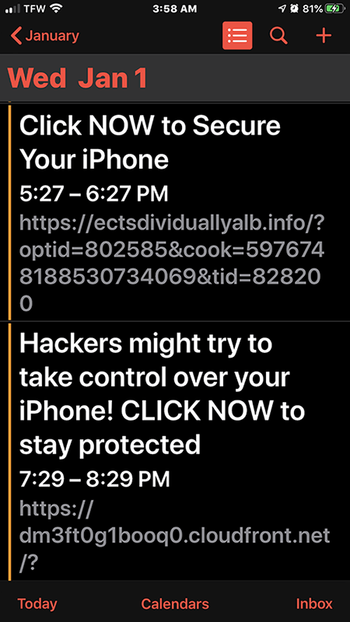 Bösartige Links, die über gefälschte Kalenderereignisse auf dem iPhone serviert werden