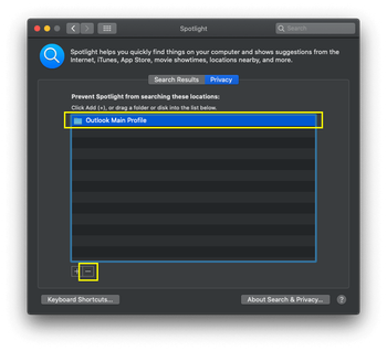 Delete Outlook profile from Spotlight Privacy tab