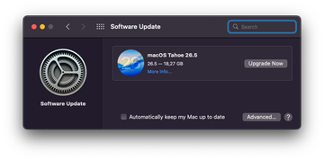 Software Update window showing a pending macOS Tahoe update on a Mac