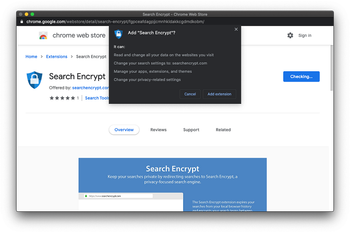 Permissions request shown by Search Encrypt Chrome extension