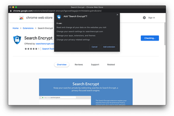 Permissions request shown by Search Encrypt Chrome extension Permissions request shown by Search Encrypt Chrome extension