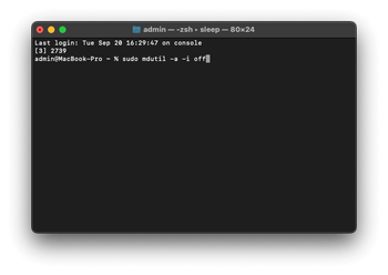 Terminal command to turn off file indexing