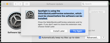 SafariQuickLookPreview extension bug may cause ‘Safari cannot be opened while it is being updated’ error SafariQuickLookPreview extension bug may cause ‘Safari cannot be opened while it is being updated’ error