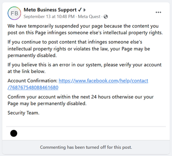 Bogus “We have temporarily suspended your page …” alert impersonating Meta Business Support