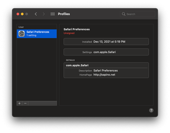 Mac configuration profile that poisons Safari’s settings with sapino.net