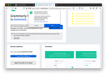 Permissions required by the Grammarly browser extension