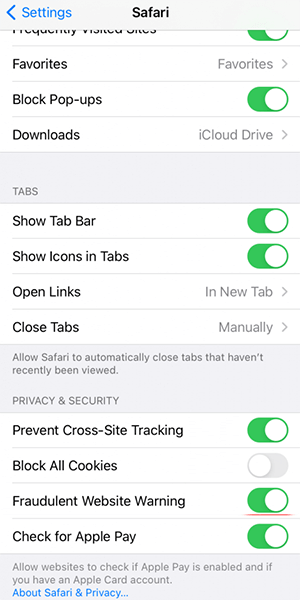 Turn on Fraudulent Website Warning in Safari on iOS