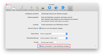 Erweiterte Registerkarte unter Safari-Einstellungen