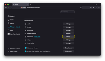Open site notification settings in Firefox