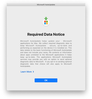 Microsoft AutoUpdate Required Data Notice popup