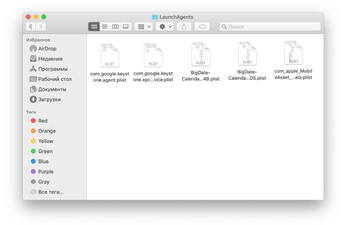 Содержимое папки LaunchAgents в домашнем каталоге (home directory) пользователя