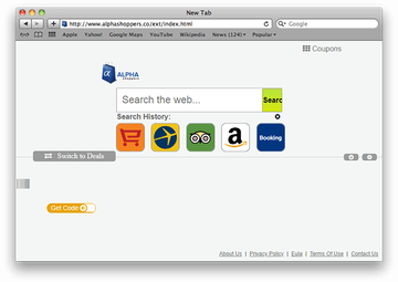 AlphaShoppers virus redirecting the browser to its landing page