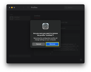 System Settings Privacy and Security Profiles pane showing MDM profiles that may affect Software Update System Settings Privacy and Security Profiles pane showing MDM profiles that may affect Software Update
