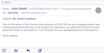 BEC scam exploiting COVID-19 theme. Image courtesy of Agari - names and domains modified