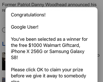 ‘Congratulations you won’ popup – a version pretending to be from Google