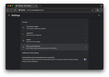 Open ‘Pop-ups and redirects’ settings in Chrome