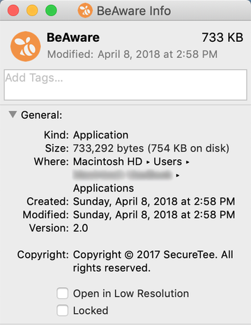 Details of the potentially unwanted BeAware app by SecureTee Details of the potentially unwanted BeAware app by SecureTee