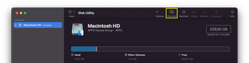 Disk Utility with Macintosh HD selected and First Aid highlighted