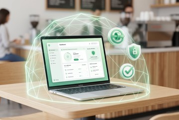 MacBook protected by VPN on public Wi-Fi in a café, showing a secure connection dashboard