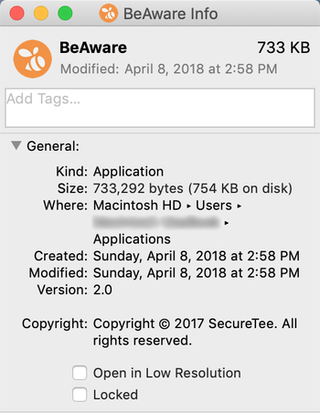 Details of the potentially unwanted BeAware app by SecureTee