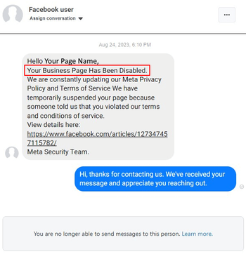 Fake “Your Business Page Has Been Disabled” direct message from unknown Facebook user